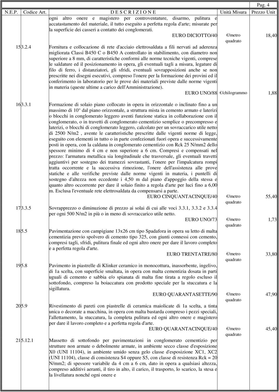 4 Fornitura e collocazione di rete d'acciaio elettrosaldata a fili nervati ad aderenza migliorata Classi B450 C o B450 A controllato in stabilimento, con diametro non superiore a 8 mm, di