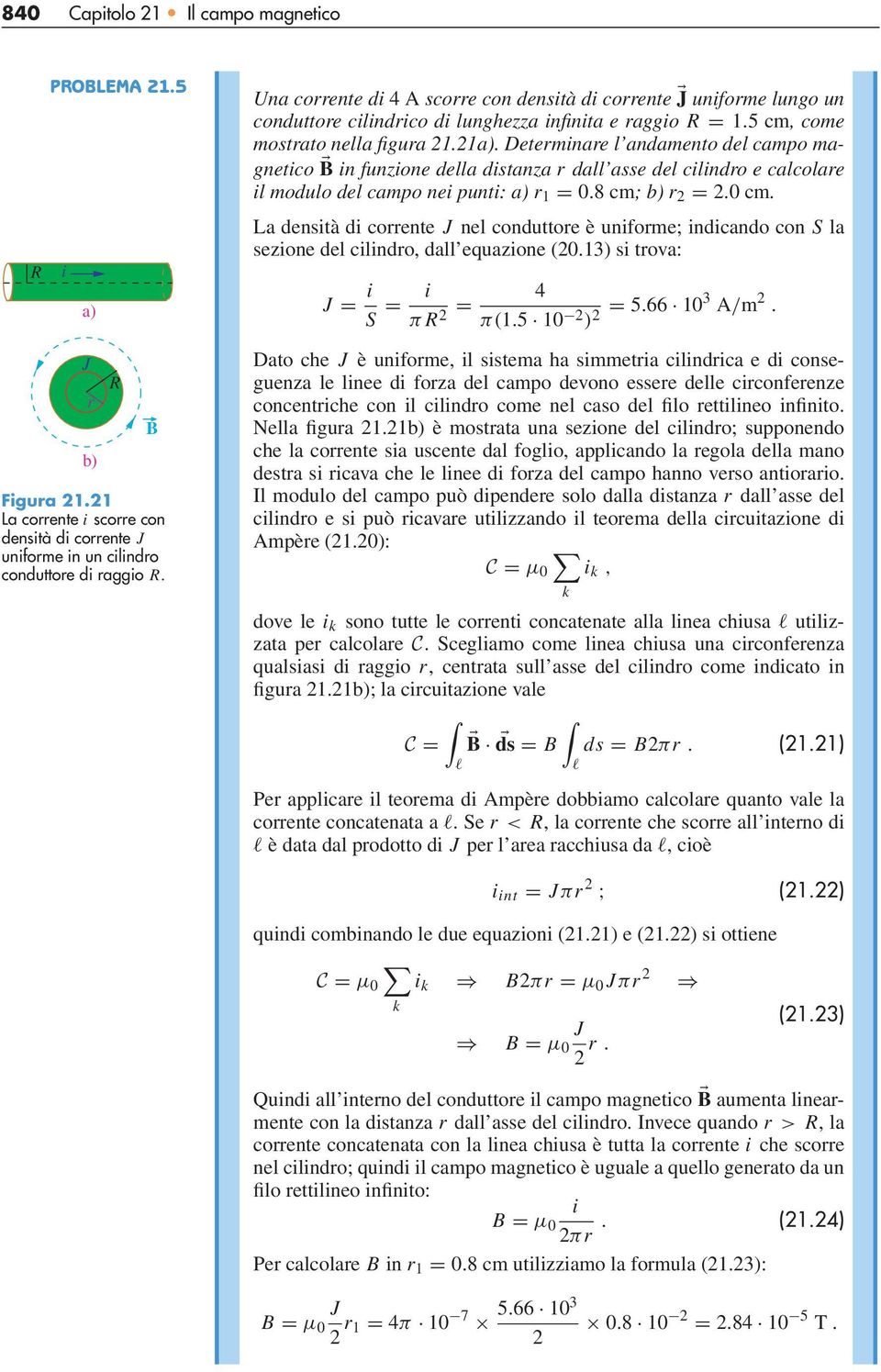 La denstà d coente J ne conduttoe è unfome; ndcando con a sezone de cndo, da equazone (20.13) s tova: J = = π R 2 = 4 π(1.5 10 2 ) 2 = 5.66 103 A/m 2. J b) R Fgua 21.