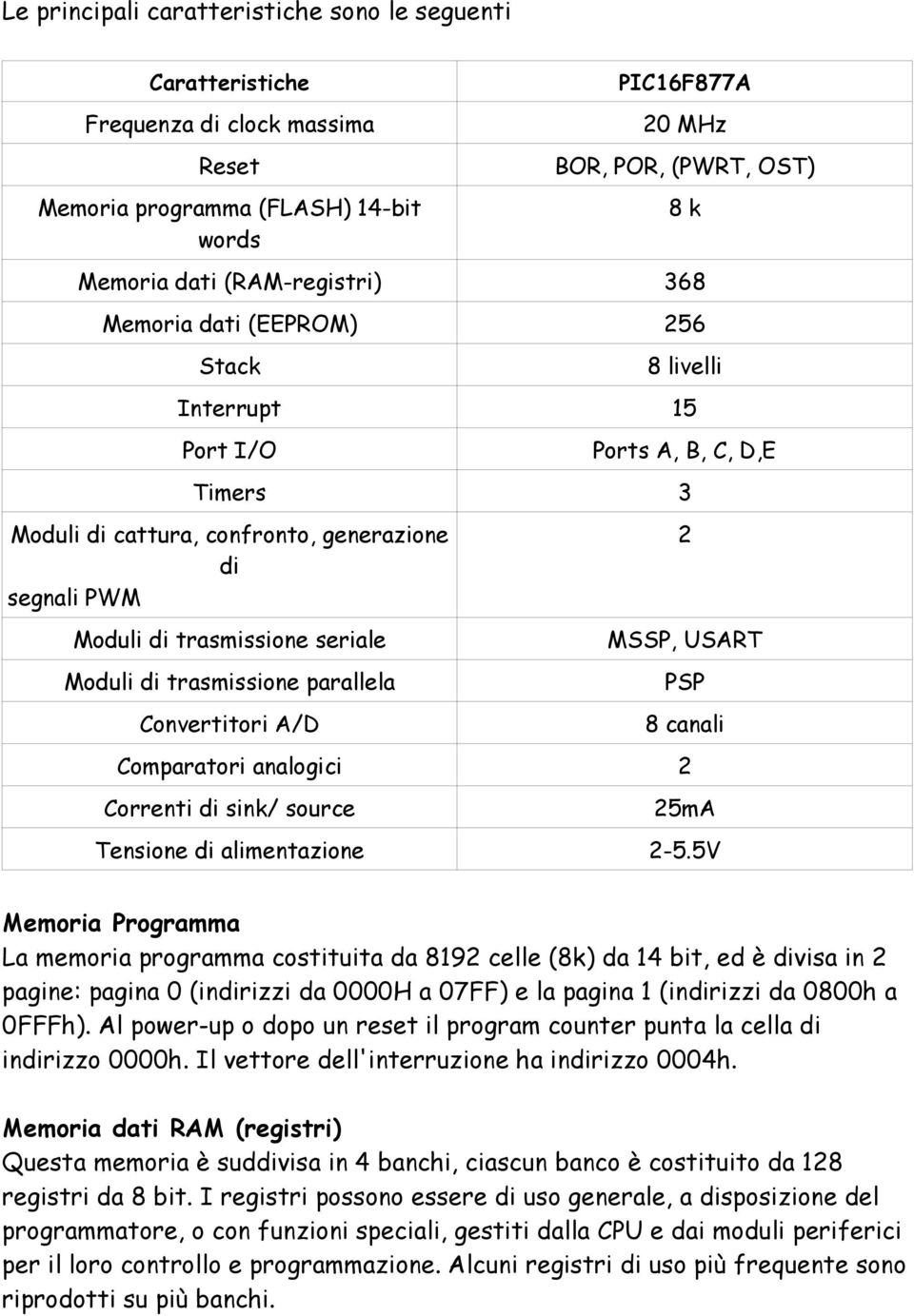 Moduli di trasmissione parallela Convertitori A/D 2 MSSP, USART PSP 8 canali Comparatori analogici 2 Correnti di sink/ source Tensione di alimentazione 25mA 2-5.