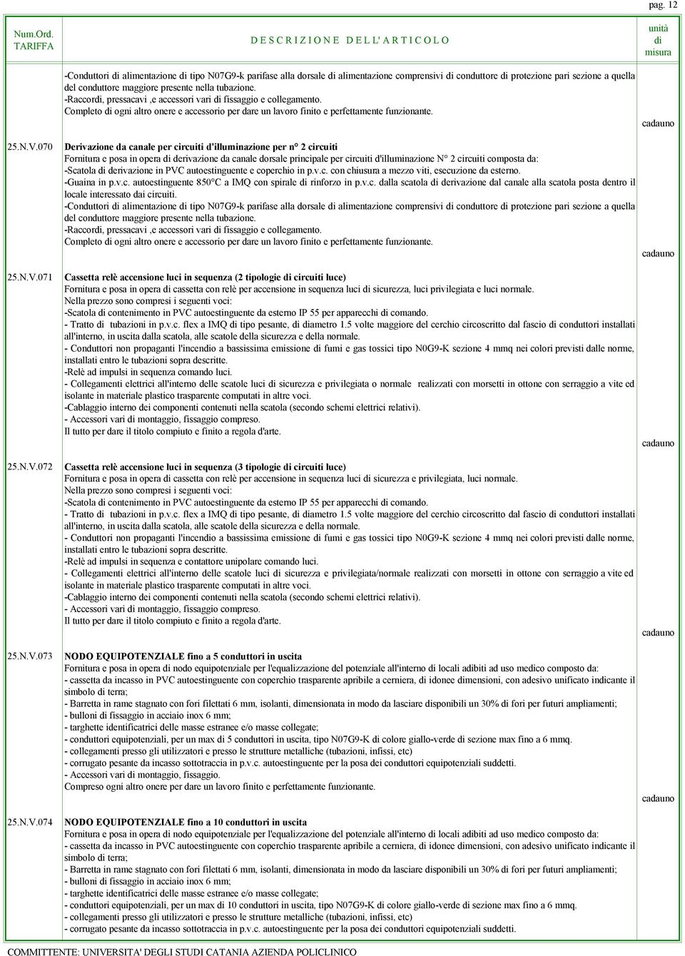 N.V.074 Derivazione da canale per circuiti d'illuinazione per n 2 circuiti Fornitura e posa in opera derivazione da canale dorsale principale per circuiti d'illuinazione N 2 circuiti coposta da: