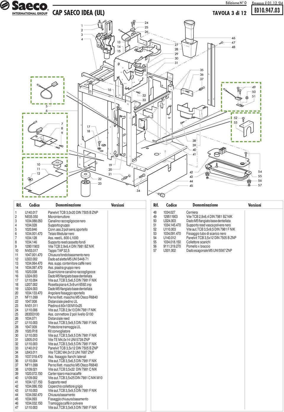 contenitore caffè nero 0.0.0 Ass. piastra gruppo nero 00.0 Guarnizione canalino raccogligocce U.00 Dado M flangiato base dentellata U0.00 Vite aut.tc,x, DIN F NIK U0.00 Rosetta piana,x uni znp U.