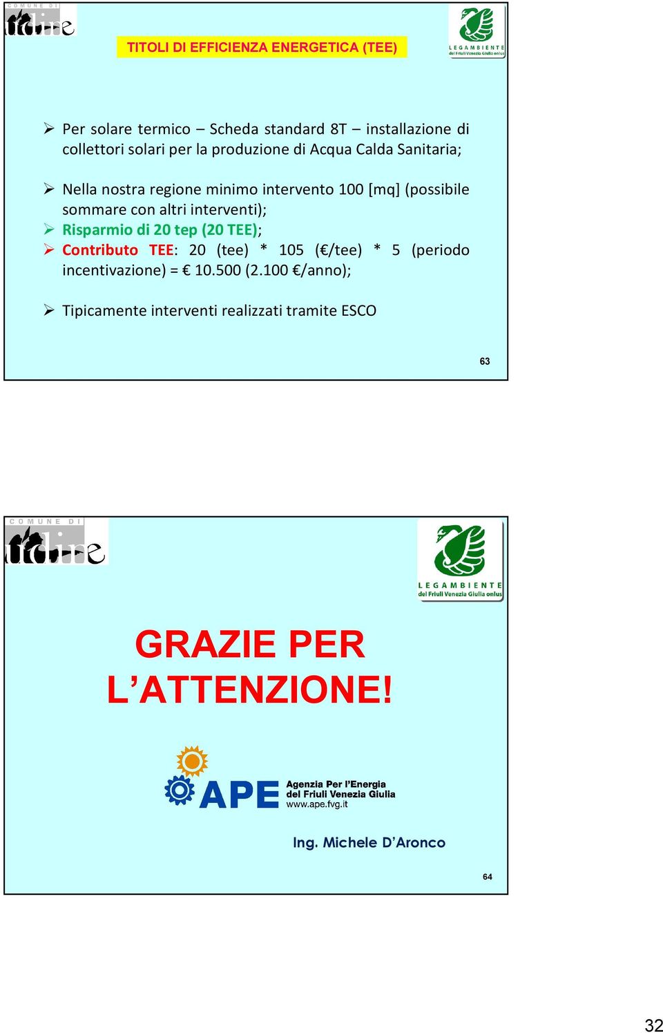 interventi); Risparmio di 20 tep (20 TEE); Contributo TEE: 20 (tee) * 105 ( /tee) * 5 (periodo incentivazione) = 10.