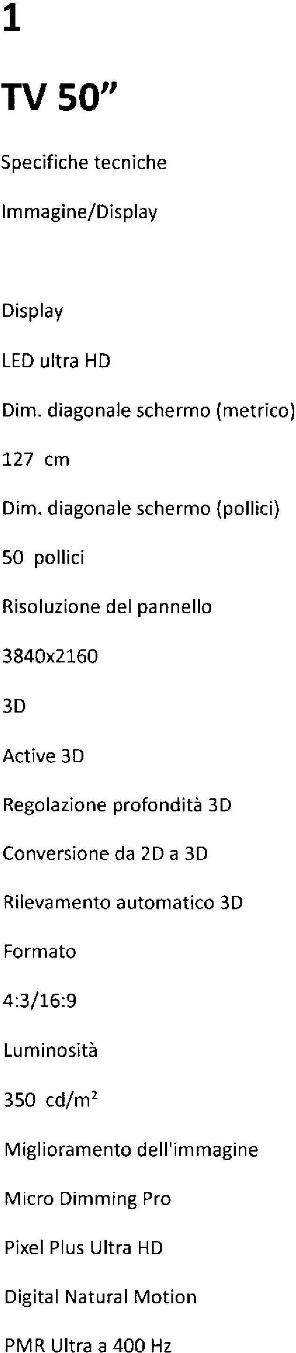 diagonale schermo (pollici) 50 pollici Risoluzione del pannello 3840x2160 3D Active 3D Regolazione