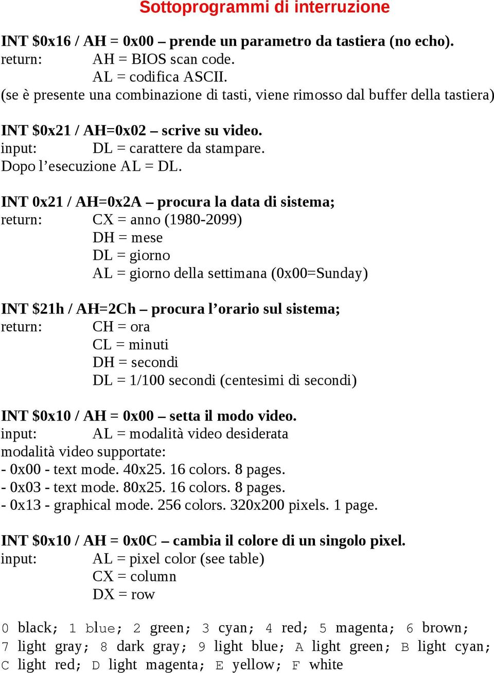 INT 0x21 / AH=0x2A procura la data di sistema; return: CX = anno (1980-2099) DH = mese DL = giorno AL = giorno della settimana (0x00=Sunday) INT $21h / AH=2Ch procura l orario sul sistema; return: CH