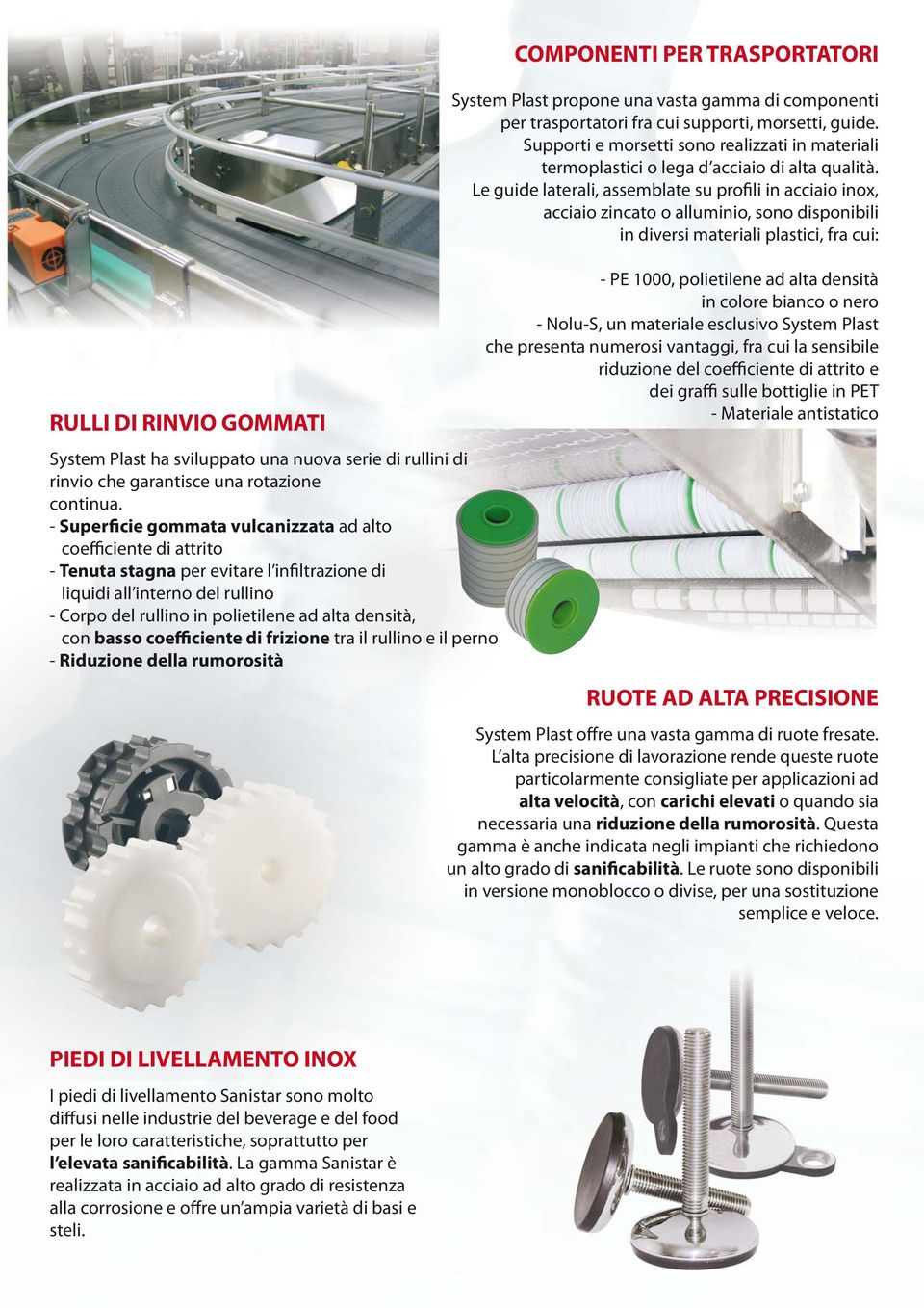 con basso coefficiente di frizione tra il rullino e il perno - Riduzione della rumorosità COMPONENTI PER TRASPORTATORI System Plast propone una vasta gamma di componenti per trasportatori fra cui