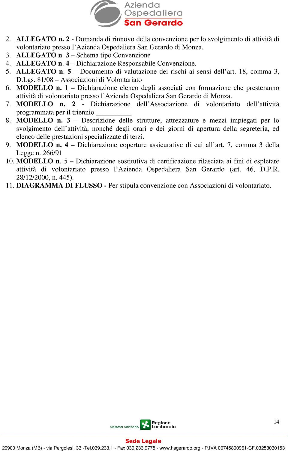 1 Dichiarazione elenco degli associati con formazione che presteranno attività di volontariato presso l Azienda Ospedaliera San Gerardo di Monza. 7. MODELLO n.