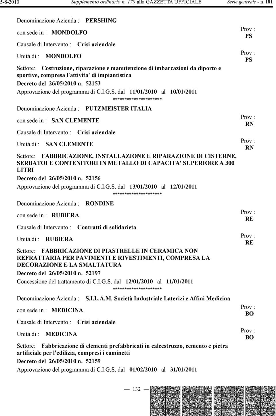 dal 11/01/2010 al 10/01/2011 Denominazione Azienda : PUTZMEISTER ITALIA con sede in : SAN CLEMENTE Unità di : SAN CLEMENTE Settore: FABBRICAZIONE, INSTALLAZIONE E RIPARAZIONE DI CISTERNE, SERBAI E