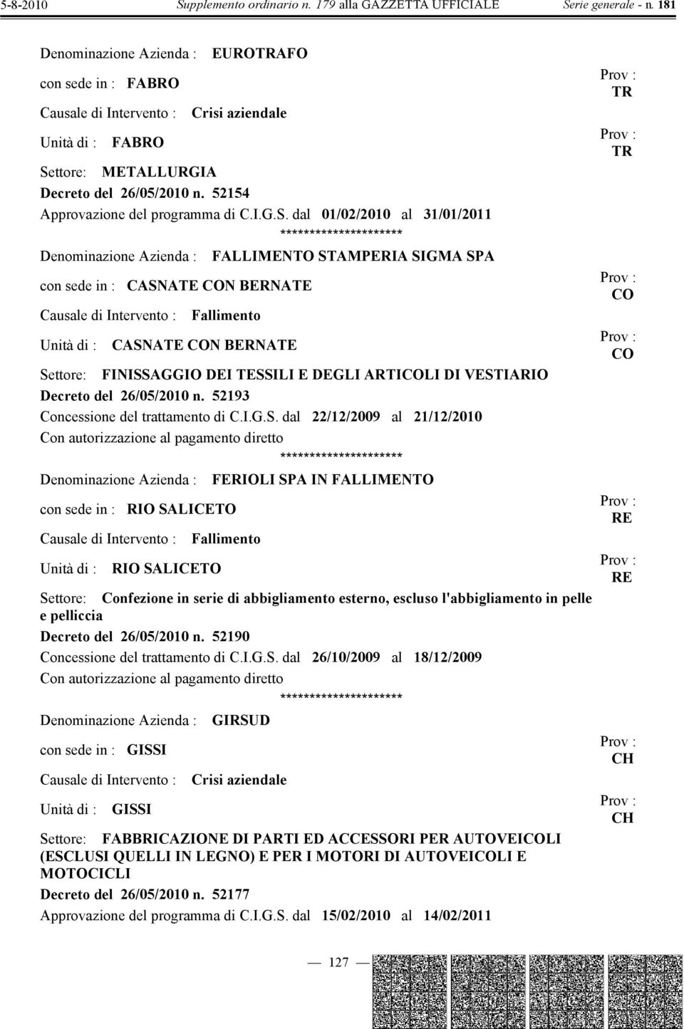 Decreto del 26/05/2010 n. 52193 Concessione del trattamento di C.I.G.S.