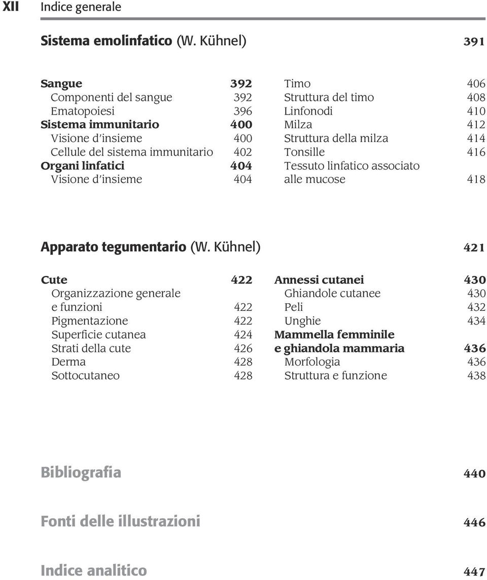 d'insieme 404 Timo 406 Struttura del timo 408 Linfonodi 410 Milza 412 Struttura della milza 414 Tonsille 416 Tessuto linfatico associato alle mucose 418 Apparato tegumentario (W.