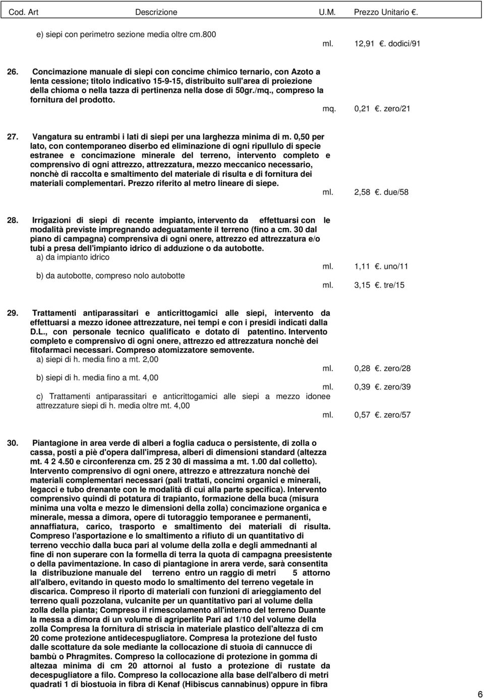 dose di 50gr./, compreso la fornitura del prodotto. 0,21. zero/21 27. Vangatura su entrambi i lati di siepi per una larghezza minima di m.