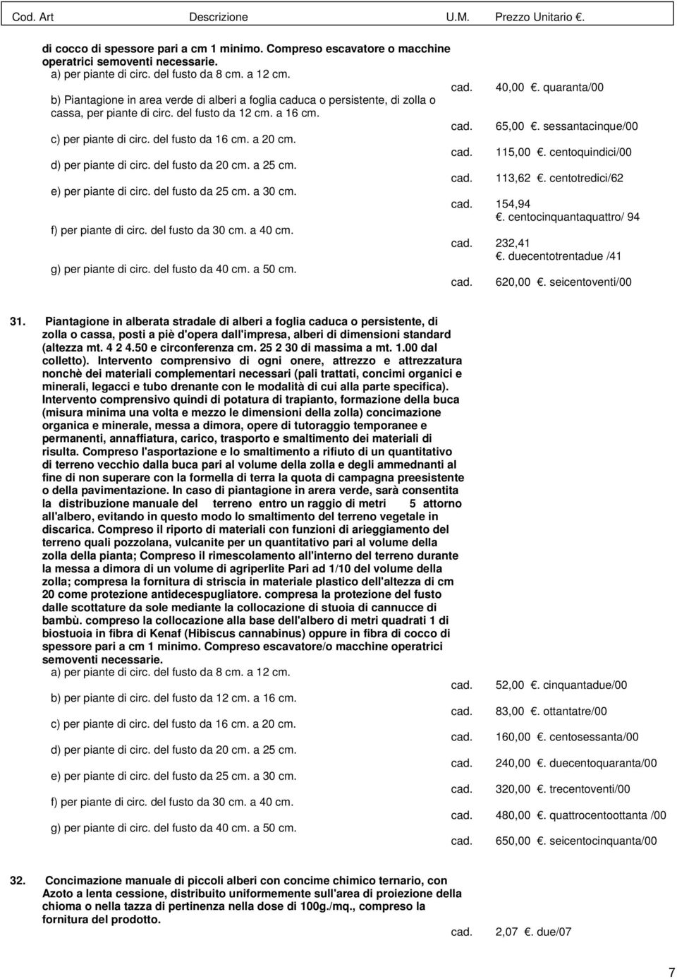 d) per piante di circ. del fusto da 20 cm. a 25 cm. e) per piante di circ. del fusto da 25 cm. a 30 cm. f) per piante di circ. del fusto da 30 cm. a 40 cm. g) per piante di circ. del fusto da 40 cm.