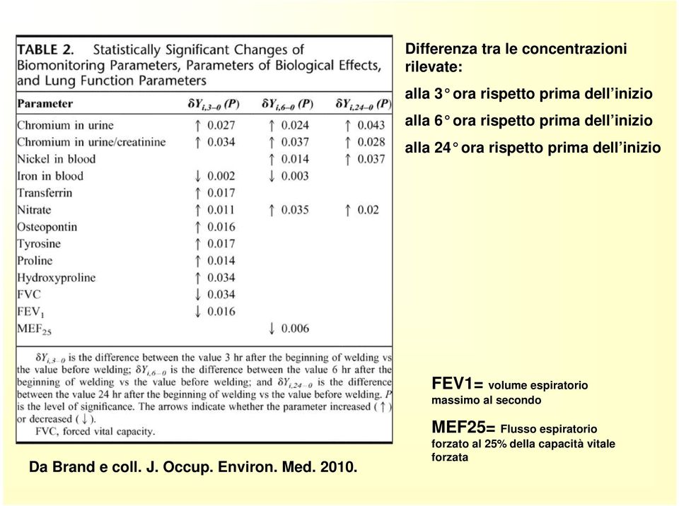 inizio FEV1= volume espiratorio massimo al secondo Da Brand e coll. J. Occup.