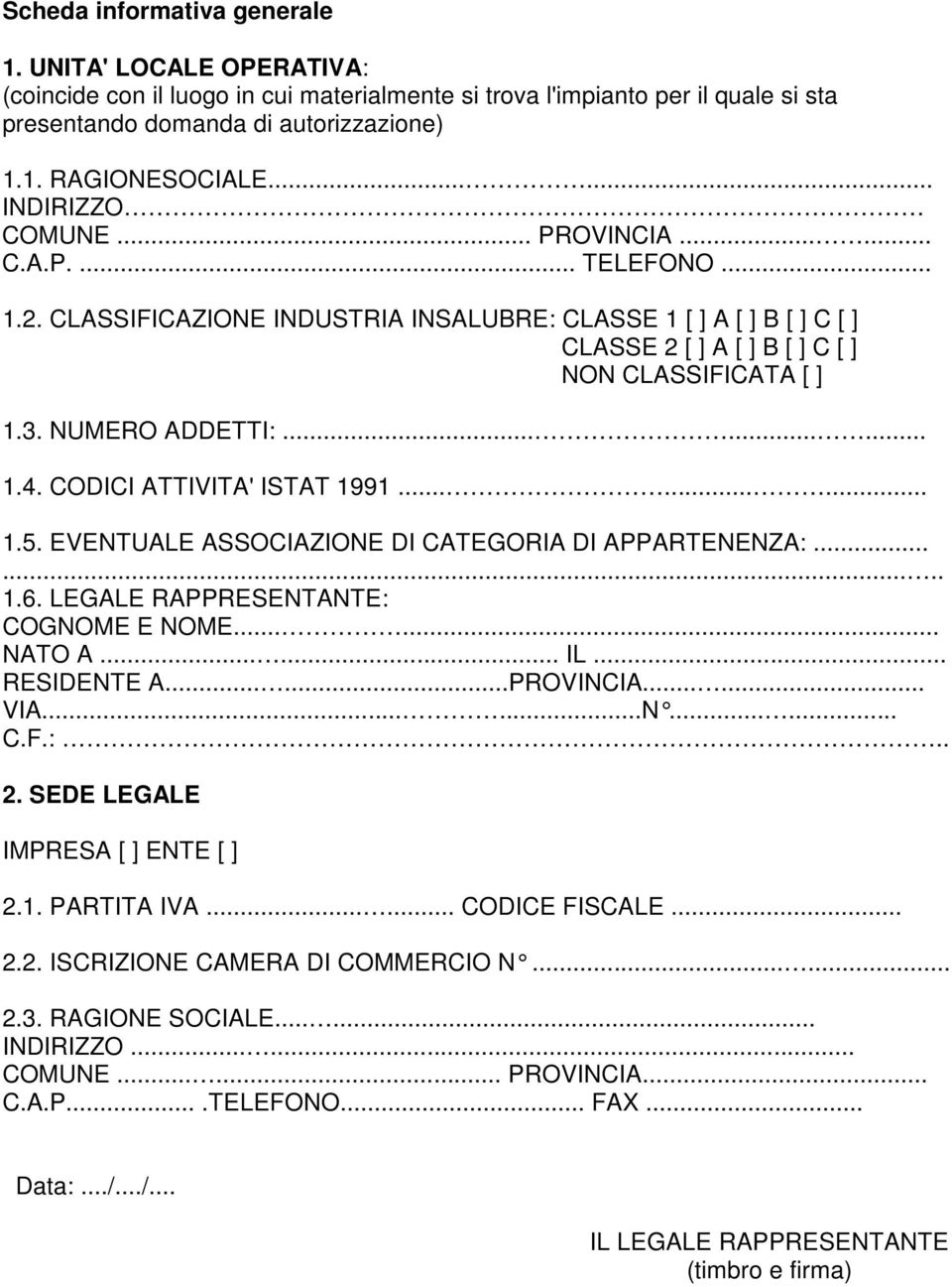 NUMERO ADDETTI:......... 1.4. CODICI ATTIVITA' ISTAT 1991......... 1.5. EVENTUALE ASSOCIAZIONE DI CATEGORIA DI APPARTENENZA:........ 1.6. LEGALE RAPPRESENTANTE: COGNOME E NOME...... NATO A...... IL.