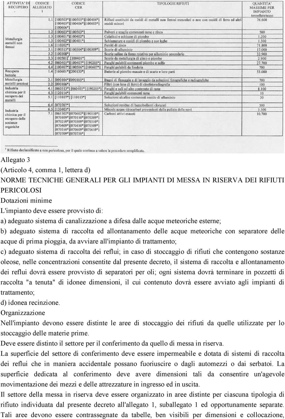 all'impianto di trattamento; c) adeguato sistema di raccolta dei reflui; in caso di stoccaggio di rifiuti che contengono sostanze oleose, nelle concentrazioni consentite dal presente decreto, il