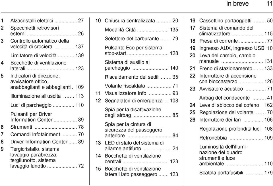 .. 110 Pulsanti per Driver Information Center... 89 6 Strumenti... 78 7 Comandi Infotainment... 70 8 Driver Information Center.