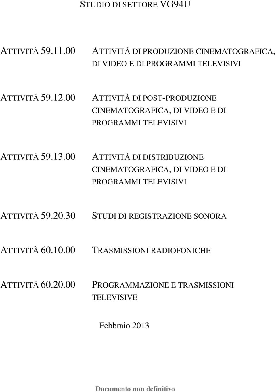 00 ATTIVITÀ DI POST-PRODUZIONE CINEMATOGRAFICA, DI VIDEO E DI PROGRAMMI TELEVISIVI ATTIVITÀ 59.13.