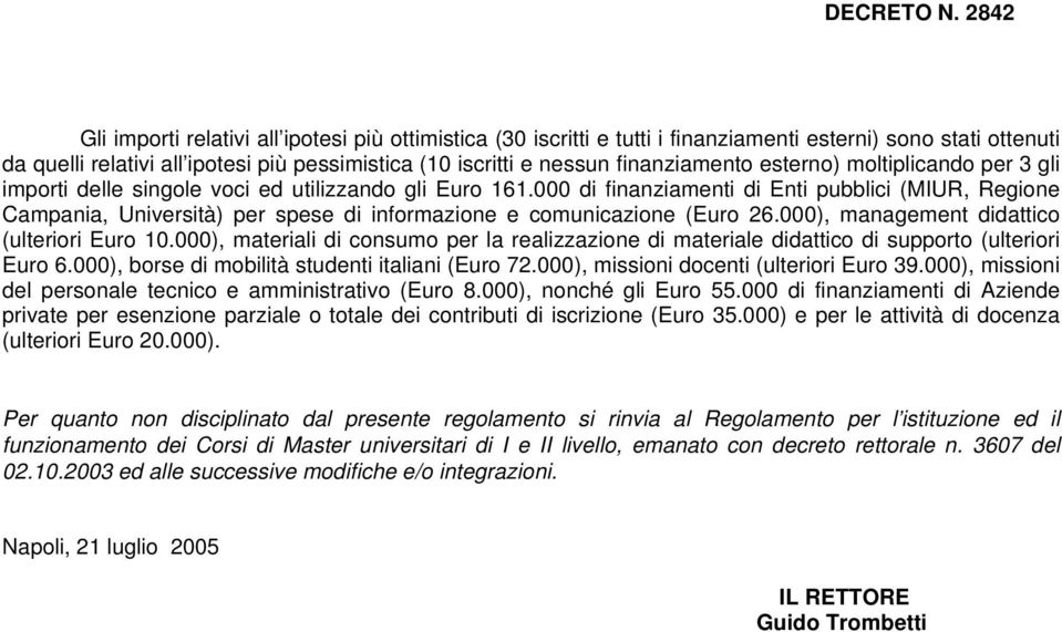 000 di finanziamenti di Enti pubblici (MIUR, Regione Campania, Università) per spese di informazione e comunicazione (Euro 26.000), management didattico (ulteriori Euro 10.