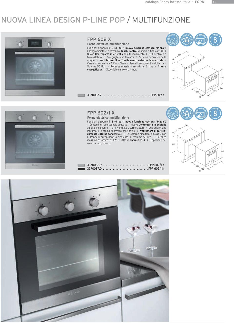 delle griglie > Ventilatore di raffredda mento esterno tangenziale > Cassaforno smalta ta Class Clean > Pannelli auto pulenti a richiesta > Volume 55 litri > Potenza massima assorbita:, kw > Classe