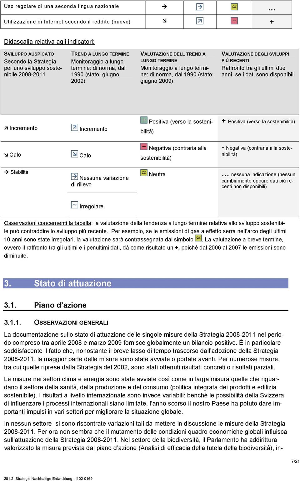 1990 (stato: giugno 2009) VALUTAZIONE DEGLI SVILUPPI PIÙ RECENTI Raffronto tra gli ultimi due anni, se i dati sono disponibili Incremento Incremento Positiva (verso la sostenibilità) + Positiva