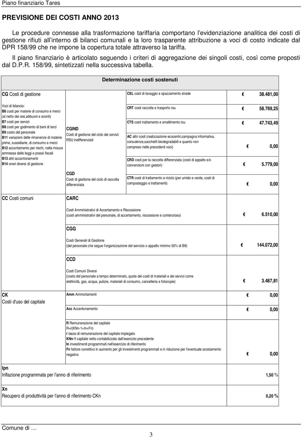 Il piano finanziario è articolato seguendo i criteri di aggregazione dei singoli costi, così come proposti dal D.P.R. 158/99, sintetizzati nella successiva tabella.