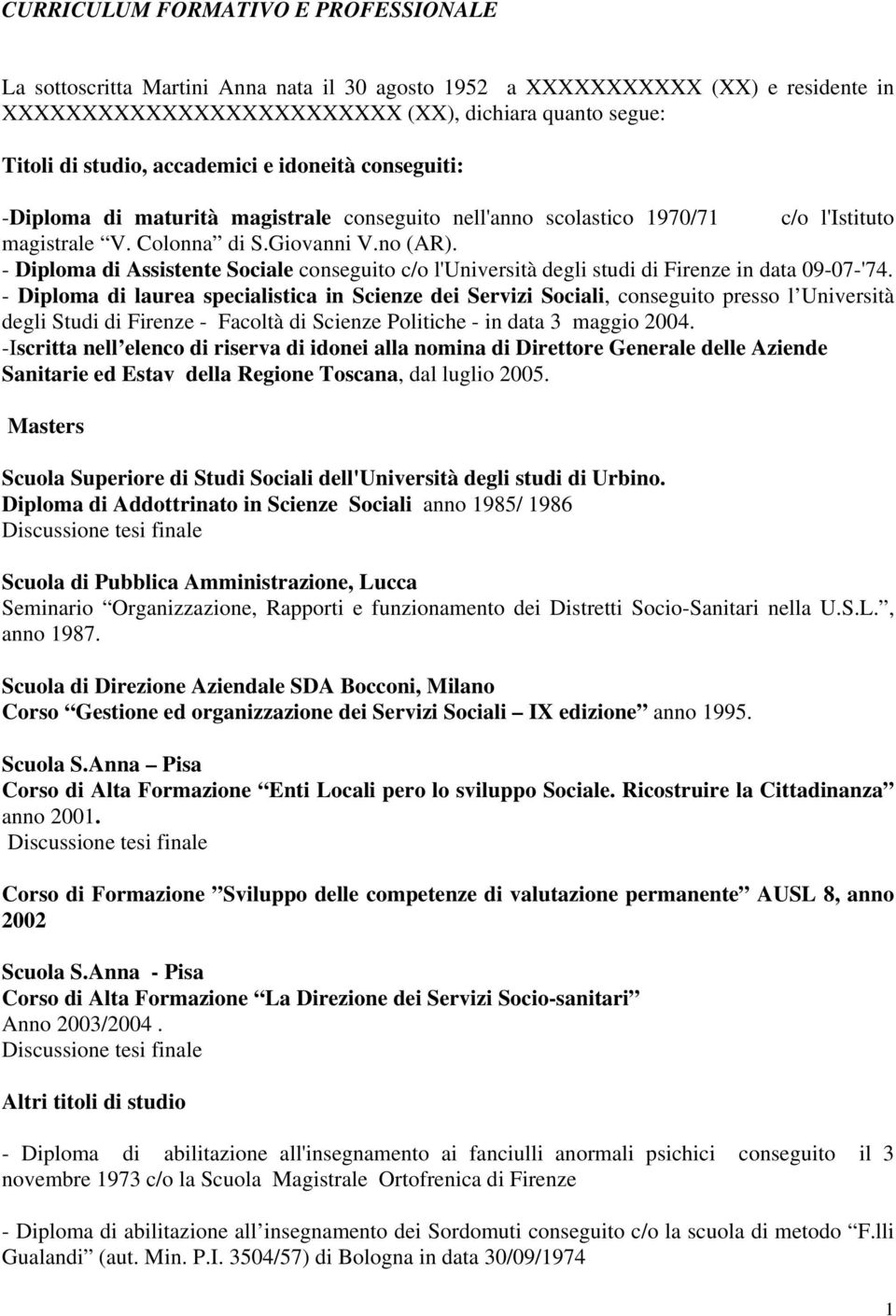 - Diploma di Assistente Sociale conseguito c/o l'università degli studi di Firenze in data 09-07-'74.