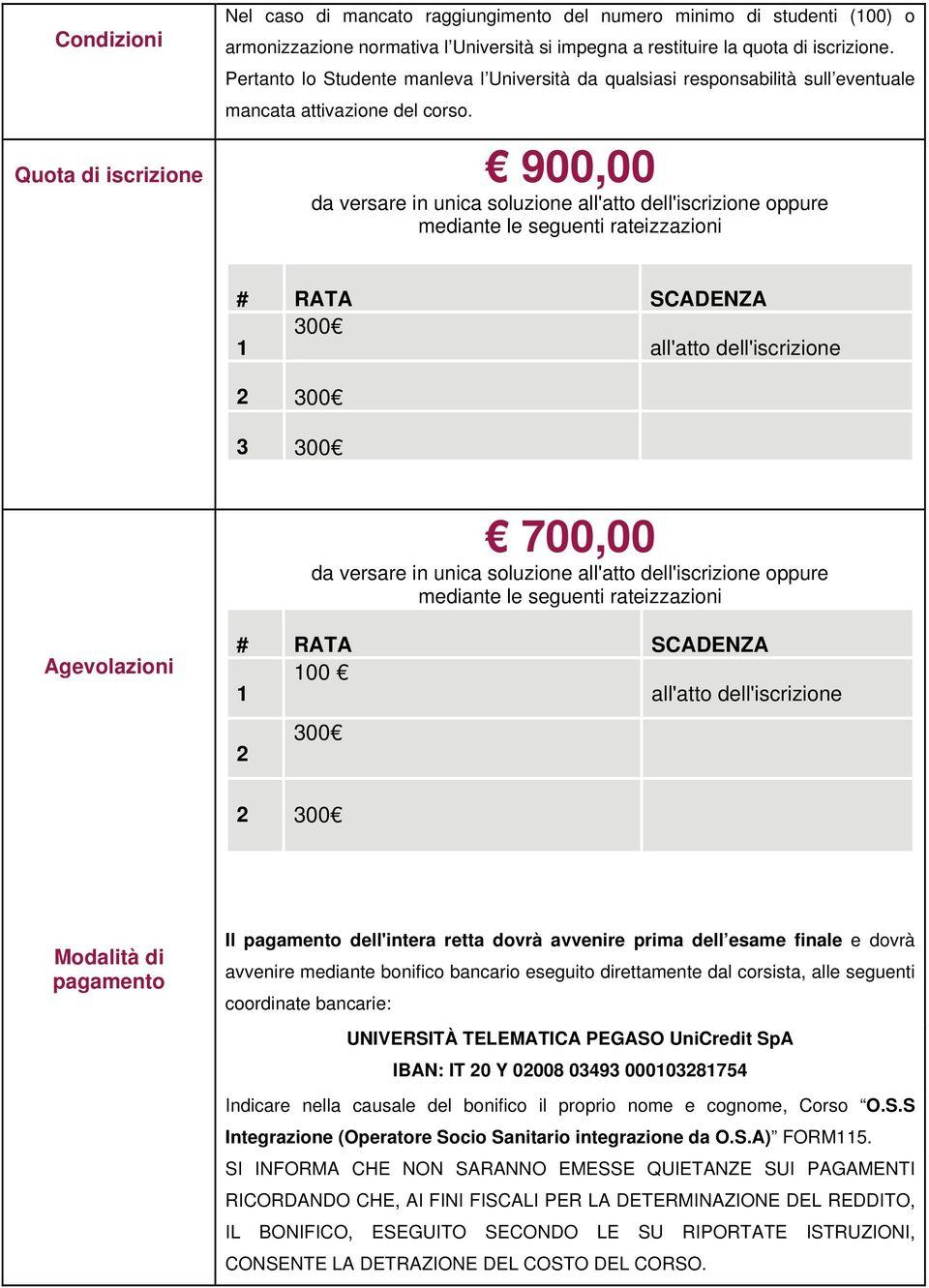 Quota di iscrizione 900,00 da versare in unica soluzione all'atto dell'iscrizione oppure mediante le seguenti rateizzazioni # RATA SCADENZA 1 300 all'atto dell'iscrizione 2 300 3 300 700,00 da