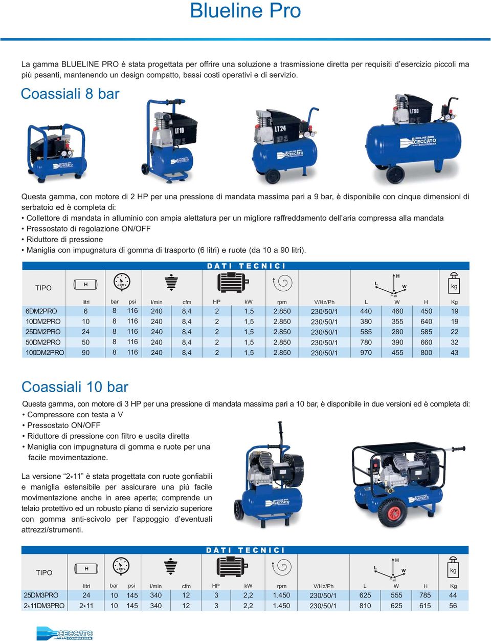 Coassiali 8 bar Questa gamma, con motore di 2 P per una pressione di mandata massima pari a 9 bar, è disponibile con cinque dimensioni di serbatoio ed è completa di: Collettore di mandata in