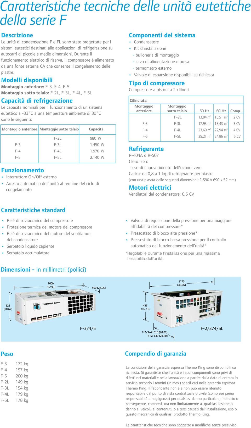 Modelli disponibili Montaggio anteriore: F-3, F-4, F-5 Montaggio sotto telaio: F-2L, F-3L, F-4L, F-5L Capacità di refrigerazione Le capacità nominali per il funzionamento di un sistema eutettico a