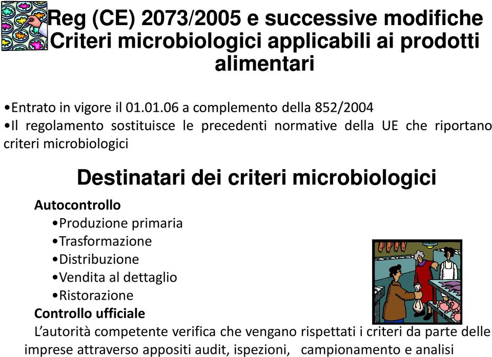 Destinatari dei criteri microbiologici Autocontrollo Produzione primaria Trasformazione Distribuzione Vendita al dettaglio Ristorazione