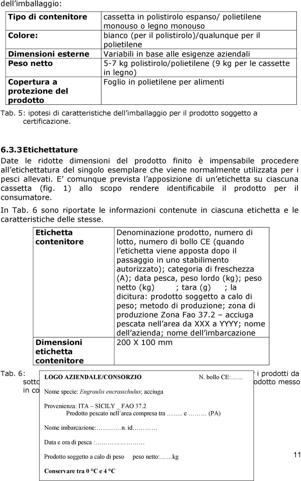 5: ipotesi di caratteristiche dell imballaggio per il prodotto soggetto a certificazione. 6.3.