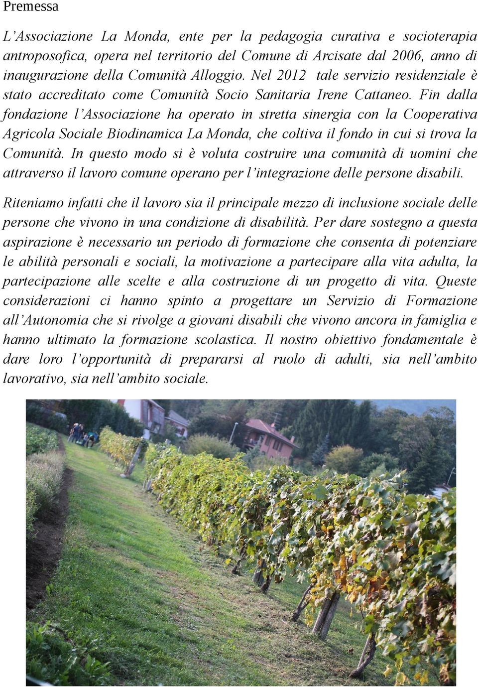 Fin dalla fondazione l Associazione ha operato in stretta sinergia con la Cooperativa Agricola Sociale Biodinamica La Monda, che coltiva il fondo in cui si trova la Comunità.