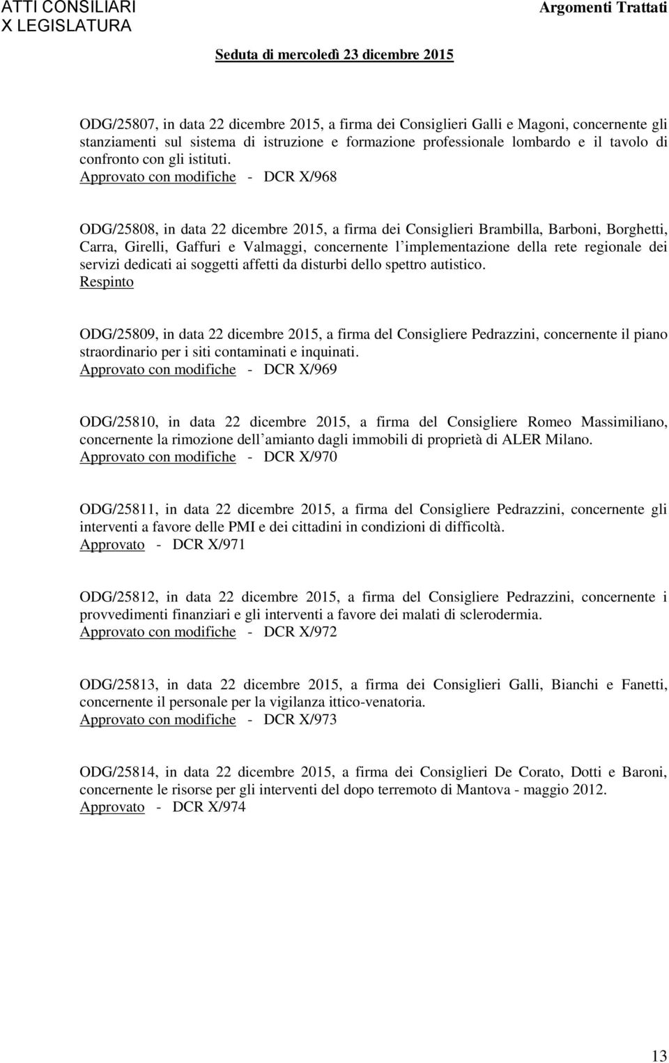 Approvato con modifiche - DCR X/968 ODG/25808, in data 22 dicembre 2015, a firma dei Consiglieri Brambilla, Barboni, Borghetti, Carra, Girelli, Gaffuri e Valmaggi, concernente l implementazione della