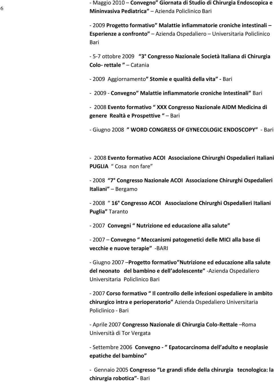 - 2009 - Convegno Malattie infiammatorie croniche Intestinali - 2008 Evento formativo XXX Congresso Nazionale AIDM Medicina di genere Realtà e Prospettive - Giugno 2008 WORD CONGRESS OF GYNECOLOGIC