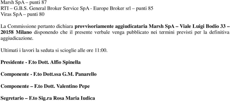 General Broker Service SpA - Europe Broker srl punti 5 Viras SpA punti 0 La Commissione pertanto dichiara provvisoriamente