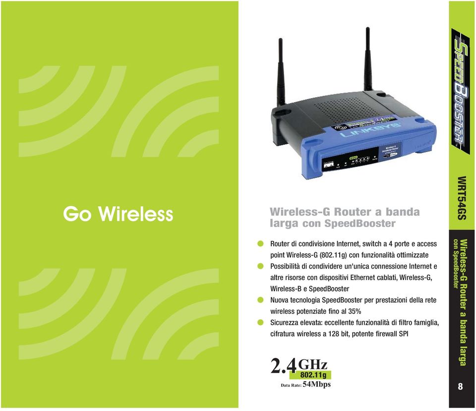 Wireless-B e SpeedBooster Nuova tecnologia SpeedBooster per prestazioni della rete wireless potenziate fino al 35% Sicurezza elevata: eccellente