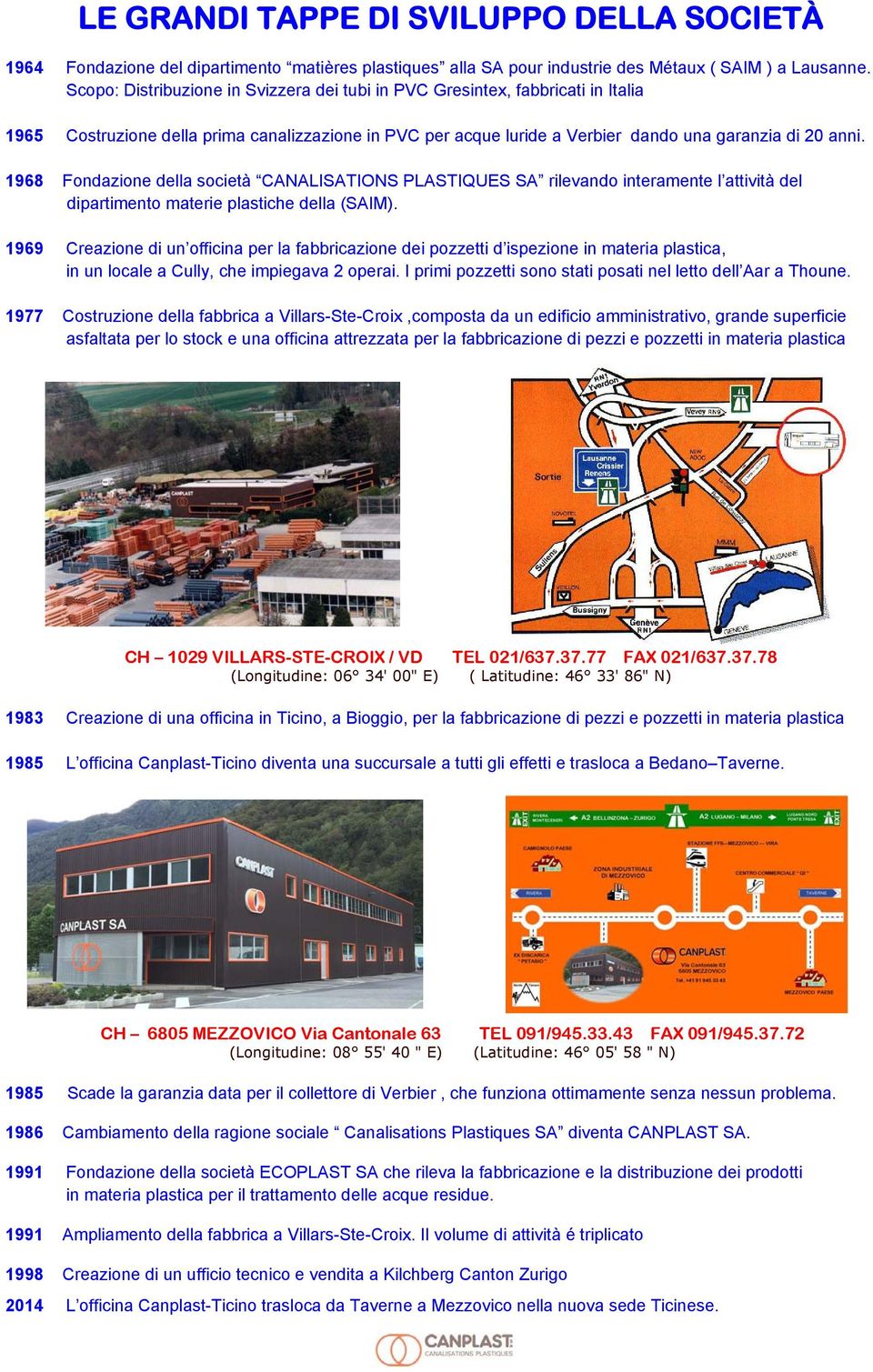 1968 Fondazione della società CANALISATIONS PLASTIQUES SA rilevando interamente l attività del dipartimento materie plastiche della (SAIM).