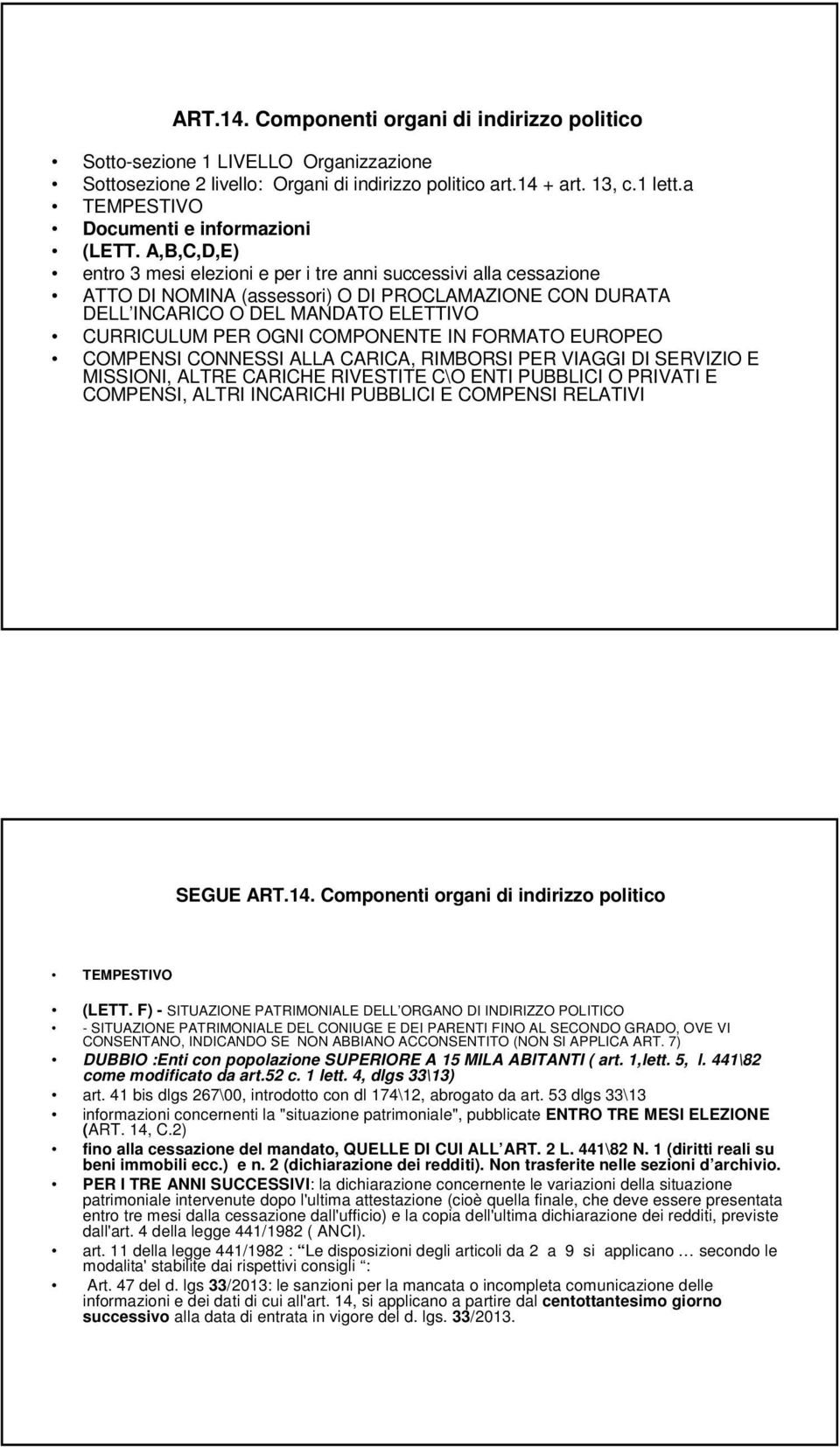 A,B,C,D,E) entro 3 mesi elezioni e per i tre anni successivi alla cessazione ATTO DI NOMINA (assessori) O DI PROCLAMAZIONE CON DURATA DELL INCARICO O DEL MANDATO ELETTIVO CURRICULUM PER OGNI