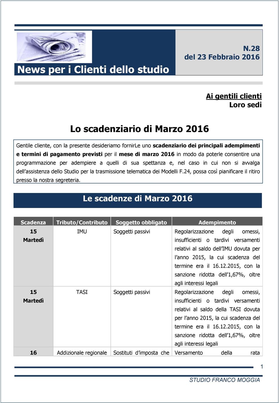 previsti per il mese di marzo 20 in modo da poterle consentire una programmazione per adempiere a quelli di sua spettanza e, nel caso in cui non si avvalga dell assistenza dello Studio per la