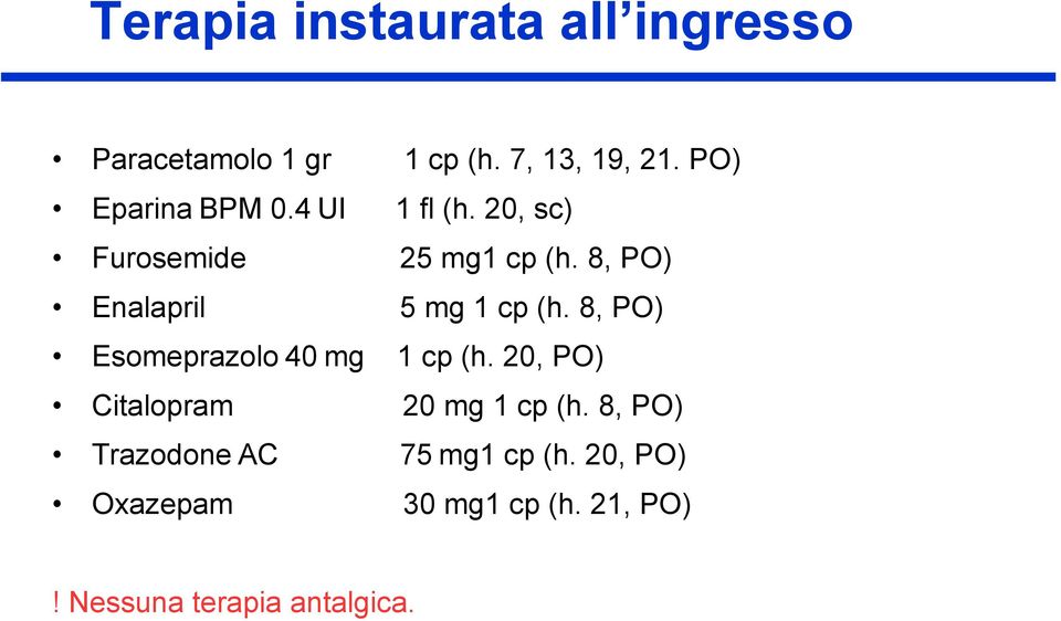 8, PO) Enalapril 5 mg 1 cp (h. 8, PO) Esomeprazolo 40 mg 1 cp (h.
