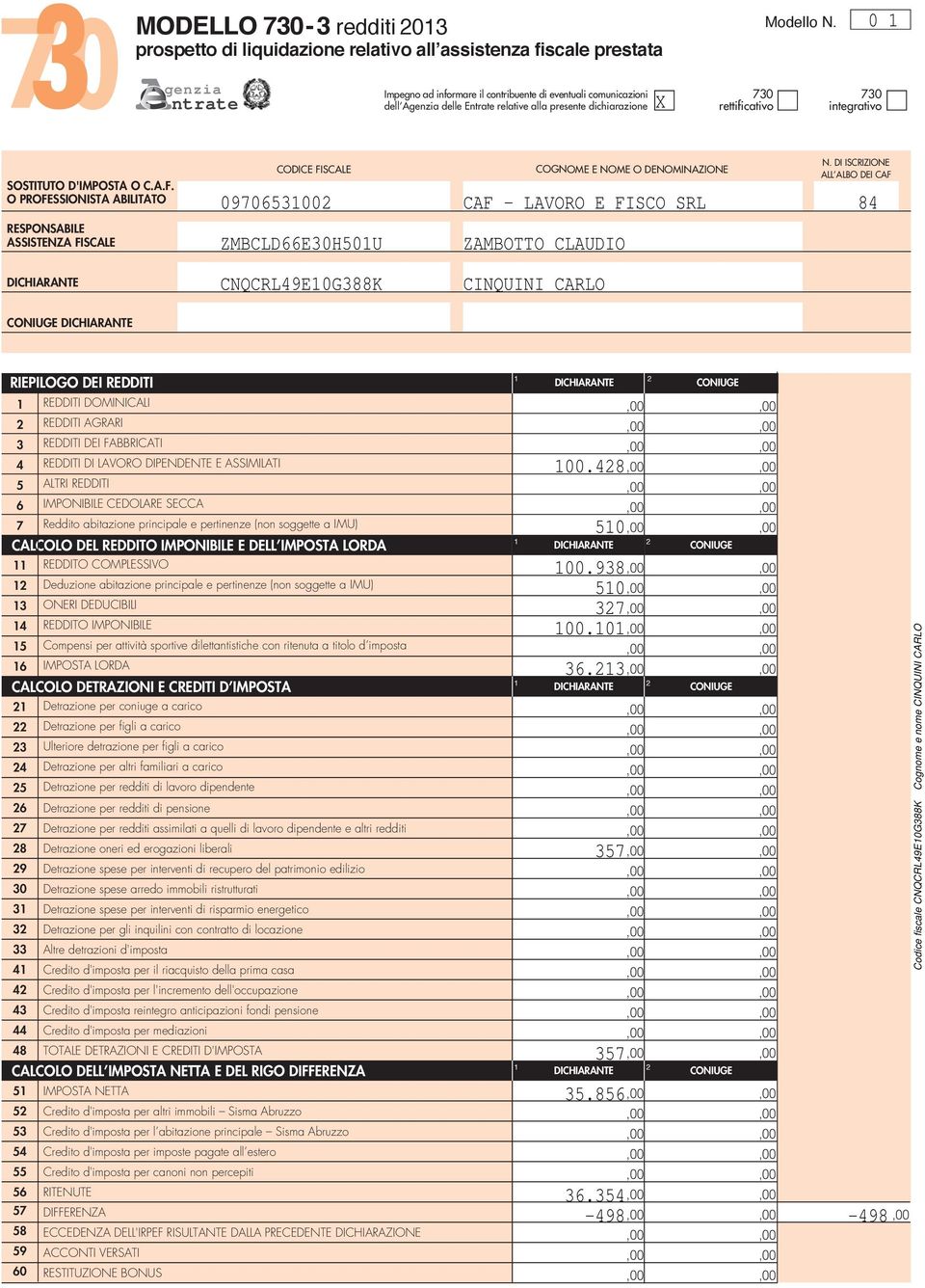 A.F. O PROFESSIONISTA ABILITATO RESPONSABILE ASSISTENZA FISCALE FISCALE COGNOME E NOME O DENOMINAZIONE N.