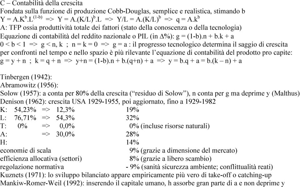 k + a 0 < b < 1 => g < n, k ; n = k = 0 => g = a : il progresso tecnologico determina il saggio di crescita per confronti nel tempo e nello spazio è più rilevante l equazione di contabilità del