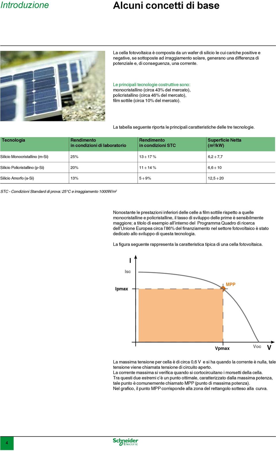 Le principali tecnologie costruttive sono: monocristallino (circa 43% del mercato), policristallino (circa 46% del mercato), film sottile (circa 10% del mercato).