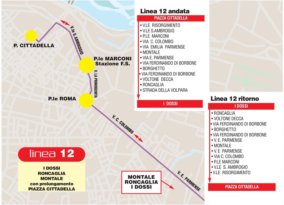 PARMENSE VIA FERDINANDO DI BORBONE BORGHETTO VIA FERDINANDO DI BORBONE VOLTONE DECCA RONCAGLIA STRADA DELLA VOLPARA V. C. COLOMBO V. E.