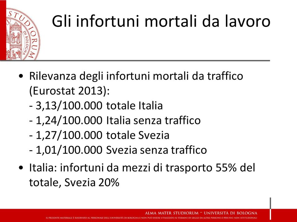 000 Italia senza traffico - 1,27/100.000 totale Svezia - 1,01/100.