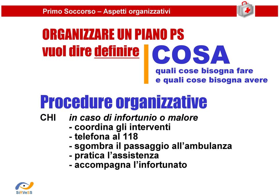 infortunio o malore - coordina gli interventi - telefona al 118 -