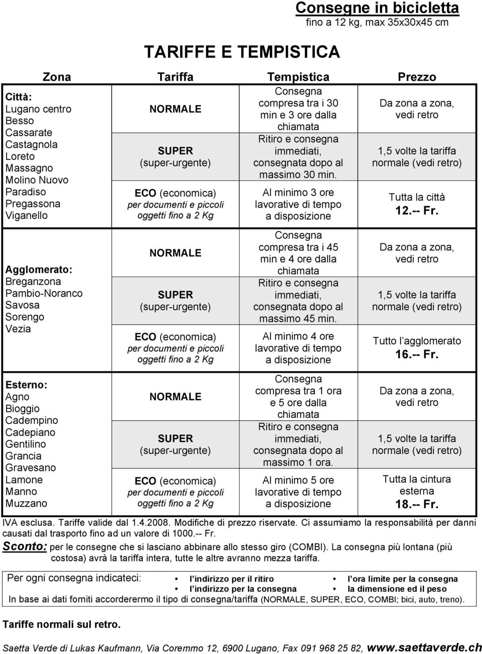 Gravesano Lamone Manno Muzzano SUPER (super-urgente) ECO (economica) per documenti e piccoli oggetti fino a 2 Kg SUPER (super-urgente) ECO (economica) per documenti e piccoli oggetti fino a 2 Kg