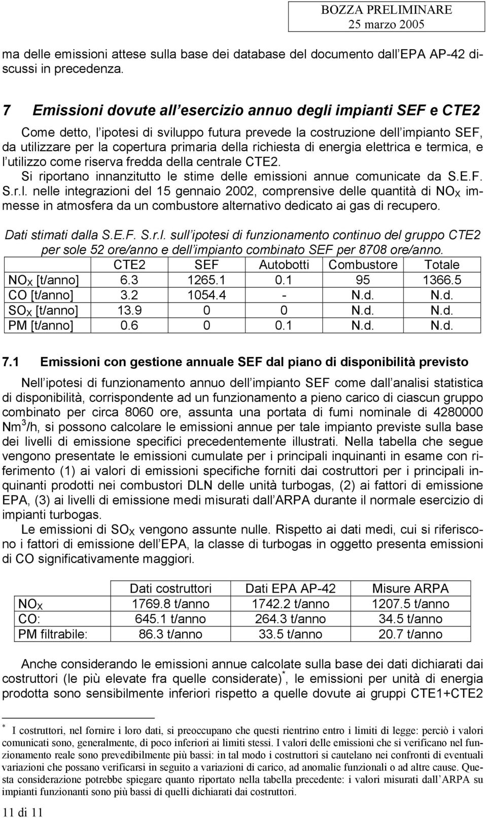 richiesta di energia elettrica e termica, e l utilizzo come riserva fredda della centrale CTE2. Si riportano innanzitutto le stime delle emissioni annue comunicate da S.E.F. S.r.l. nelle integrazioni del 15 gennaio 2002, comprensive delle quantità di NO X immesse in atmosfera da un combustore alternativo dedicato ai gas di recupero.