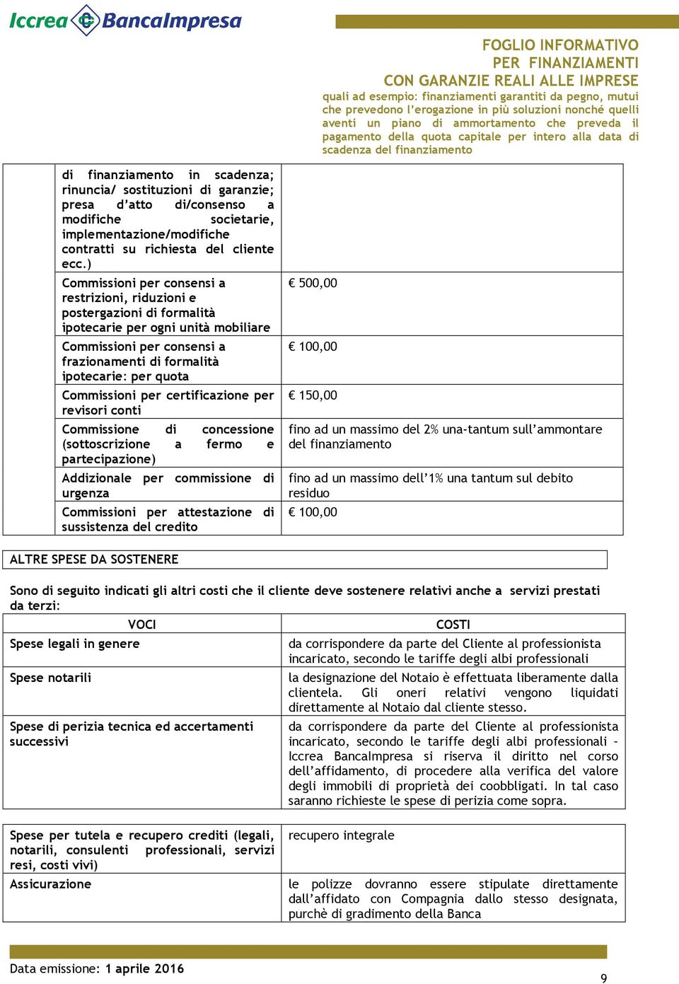 Commissioni per certificazione per revisori conti Commissione di concessione (sottoscrizione a fermo e partecipazione) Addizionale per commissione di urgenza Commissioni per attestazione di