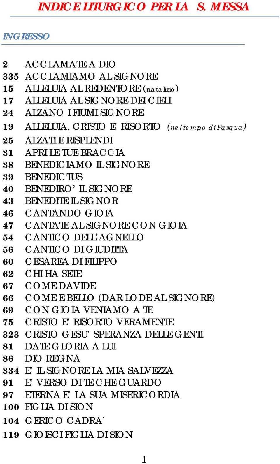 Pasqua) 25 ALZATI E RISPLENDI 31 APRI LE TUE BRACCIA 38 BENEDICIAMO IL SIGNORE 39 BENEDICTUS 40 BENEDIRO IL SIGNORE 43 BENEDITE IL SIGNOR 46 CANTANDO GIOIA 47 CANTATE AL SIGNORE CON GIOIA 54 CANTICO