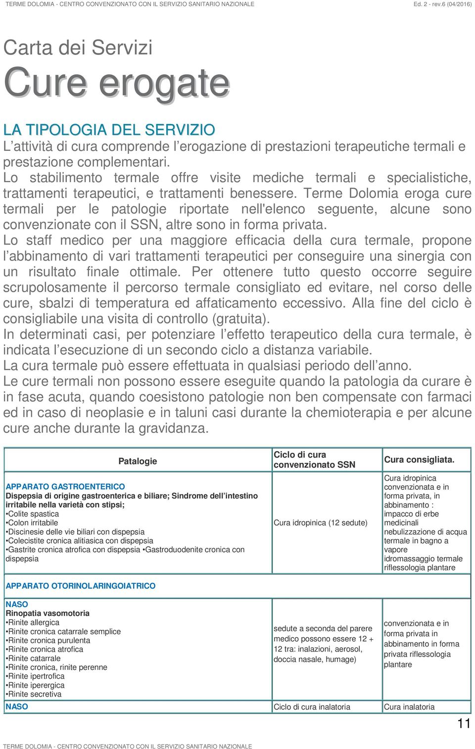 Terme Dolomia eroga cure termali per le patologie riportate nell'elenco seguente, alcune sono convenzionate con il SSN, altre sono in forma privata.